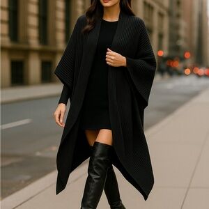 All Saints Black Ribbed Wool Cape Cardigan